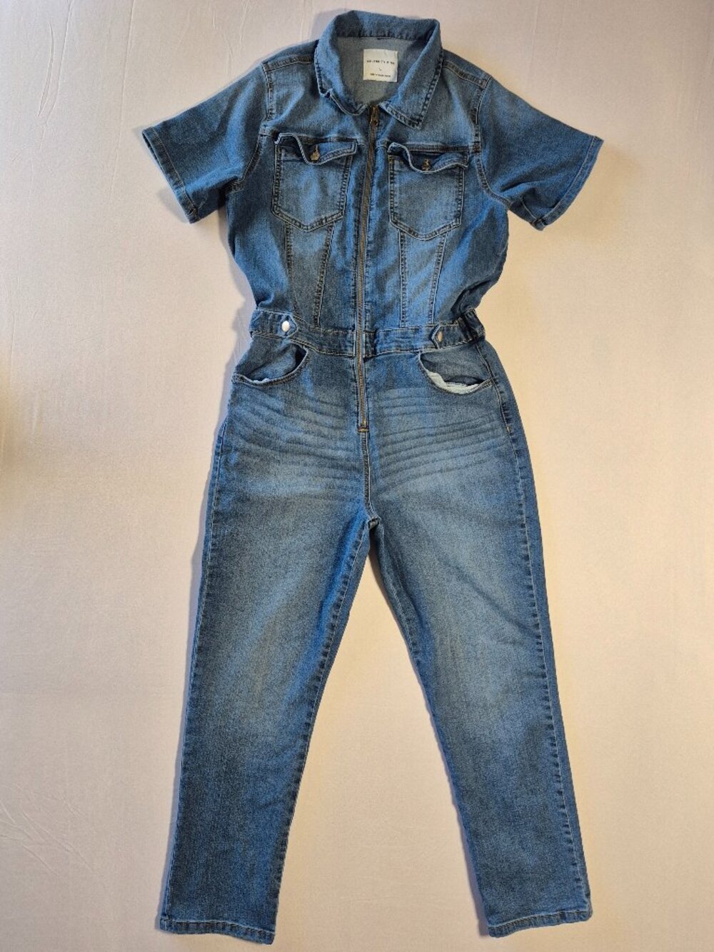 Celebrity Pink Womens Denim Jumpsuit Size L Boiler Suit Short Sleeve Zip Front